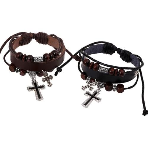 Vintage Multi-layer Leather Weave Bracelet Punk Rock Strap Wristband Cross Knitting Leather Bracelet For Men