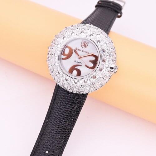 Royal Crown Large Lady Womens Watch Japan Mov't Full Crystal Hours Fine Fashion Dress Clock Bracelet Luxury Rhinestone Gift