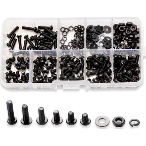 300Pcs M3 Black Round Hexagon Carbon Steel Screw Bolts Nut Flat Pad Washers Spring Box Kit
