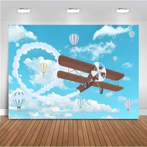 Newborn Baby Shower Photo Blue Sky and Airplane Party Decoration Banner Hot Air Balloon Backdrops Background Photography HT-408