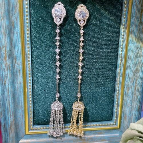 HIBRIDE Super Long Tassel Drops Geometry Cubic Zirconia American Wedding Party Dangle Earrings Fashion Jewelry for Women E-1007