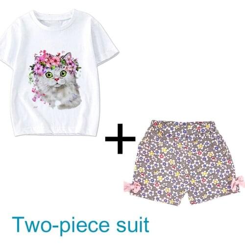 Two Pieces Girls Clothing Sets Summer Short Sleeve Children Sets Fashion Girls Clothes Suit Casual Floral Outfits Plant Elephant