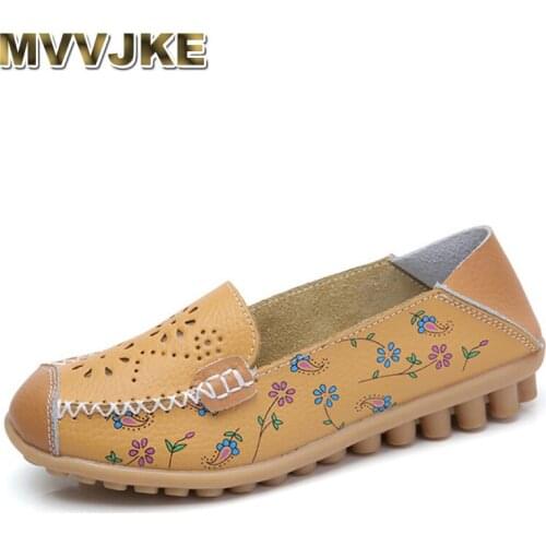 MVVJKE Womens Casual Slip-On Shoes For Women Genuine Leather female Woman Shoes cut out Breathable Walking Shoes Flat