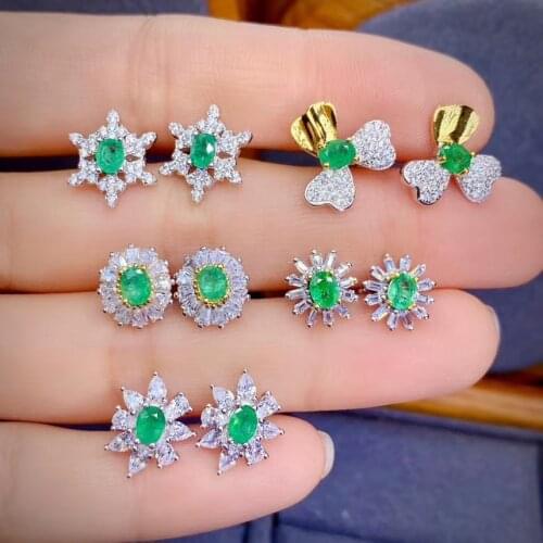 New natural emerald gemstone stud earrings for women jewelry real silver natural gem birthday party gift price for each pair