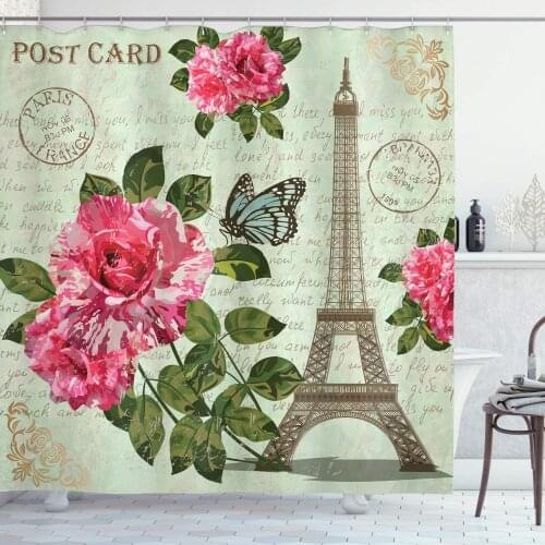 Paris Shower Curtain Shabby Chic Romantic Roses Flowers Leaves with Eiffel Tower and Abstract Lettering Fabric Bathroom Decor