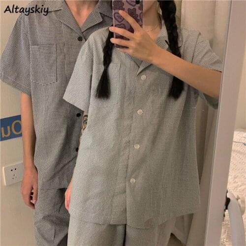 Pajama Sets Women Plaid Summer Couple Pockets Korean Style Simple Unisex Cozy Nightwear Popular Turn Down Collar Femme Chic Ropa