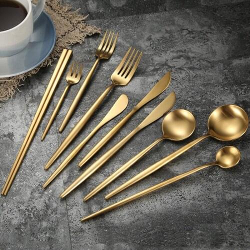 Portable Stainless Steel Gold Fork Spoon Knife Chopstick Party Cutlery Set Tableware Dinerware Western Wedding Kitchen Utensils