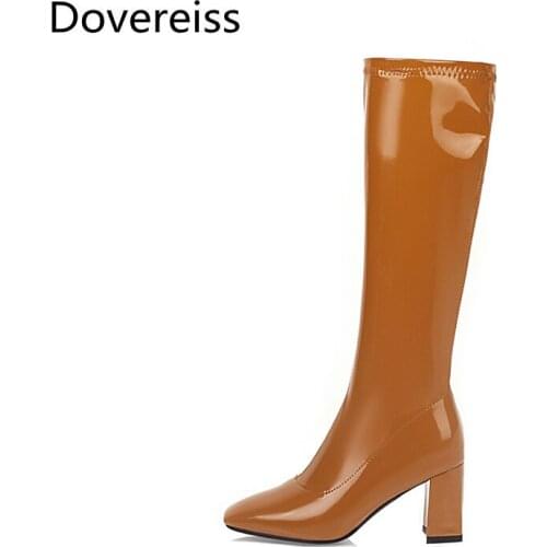 Dovereiss Fashion Womens Shoes Winter Sexy Elegant Knee high boots Square toe Ladies Boots Chunky heels Mature 31-49