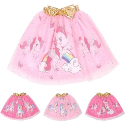 Cute Bow Cartoon Unicorn Girls Skirt Fashion Gold Belt Mesh Skirt Birthday Gifts Party Princess Skirts 3-8 Years Old Kid Clothes