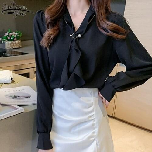 Fashion Elegant Lace-up Solid Long Sleeve Womens Blouse Bow V-neck Ruffled Womens Shirts Office Lady Style Top Female 11275