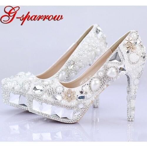 Sparkling Crystal Bridal Wedding Shoes Pageant Evening Shoes Festival Party Prom High Heels White Pearl Women Banquet Shoes