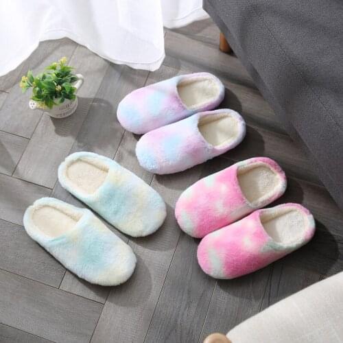 Women Warm Plush Home Slippers Anti-slip Soft Lovers Winter Shoes Tie Dye Ladies Slides Fashion Indoor Slippers