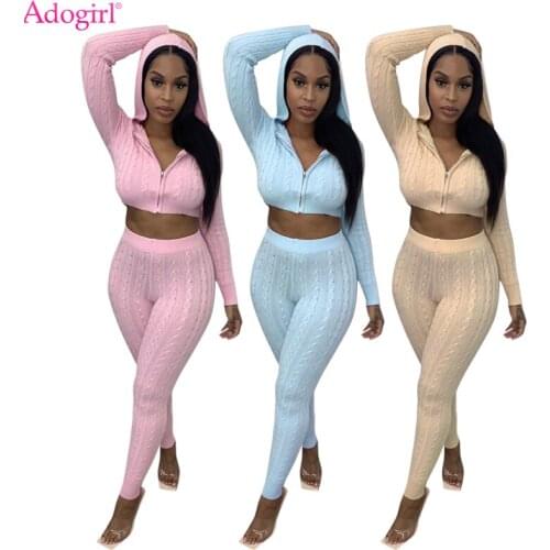 Adogirl Women Solid Sweater Two Piece Set Zipper Long Sleeve Hooded Sweatshirts Crop Tops Skinny Pencil Pants Knitted Tracksuit