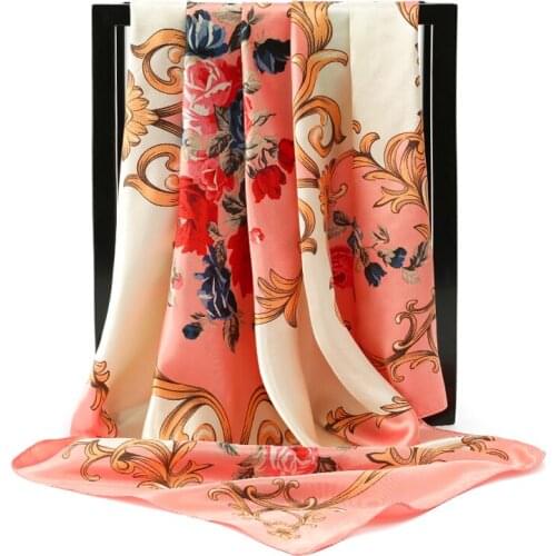 Luxury brand Women Silk Scarf Fashion Flower Print Square Head Scarves Lady Luxury Brand Shawls Foulard Satin Hijab 90*90cm