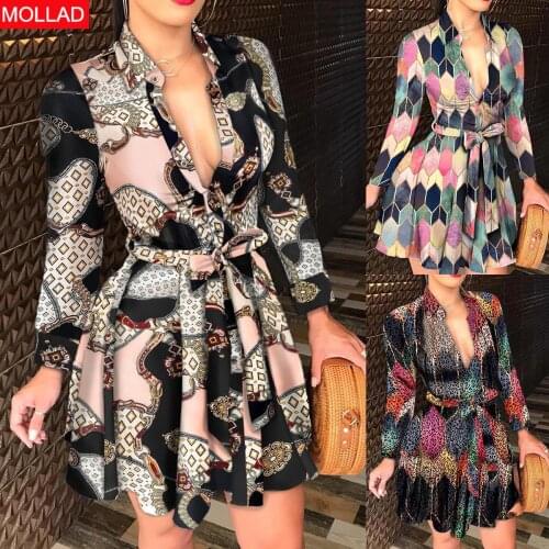 AliExpress Autumn and Winter New Long Sleeve V-neck Lace-up Fashion Sexy Print Dress