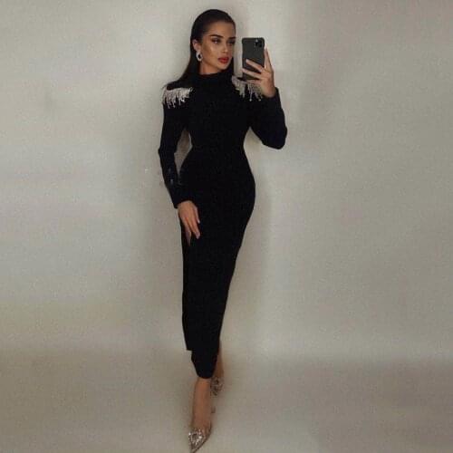 2021 Fall Fashion Womens Diamond Long Sleeve Halter Tassel Sexy Split Bandage One-piece Dress Celebrity Club Party Vestidos