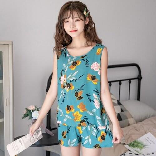 2021 Summer Sleeveless Top+shorts Pajamas Women Pijama Set Cotton Soft O-neck Nightie Plus Size Sleepwear Loose Female Home Suit