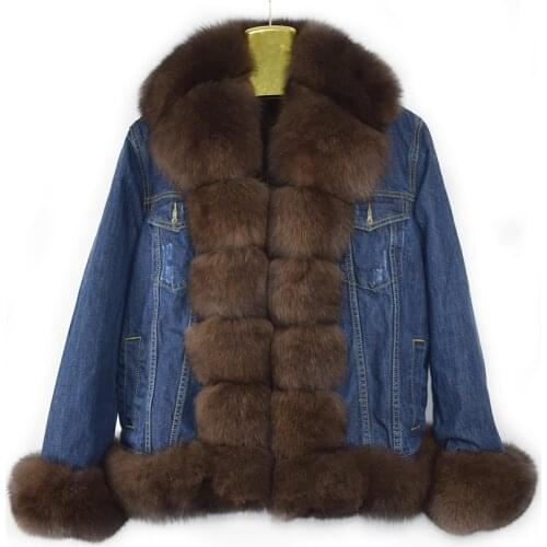 2020 new real fox fur faux fur lining turned thick denim jacket jacket cowboy spring street female natural fur jeans