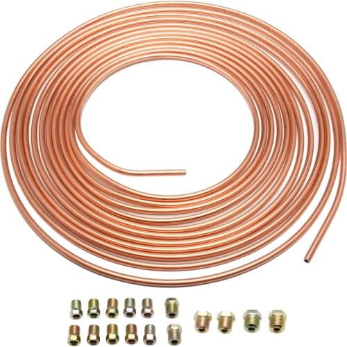 25ft Galvanized Copper Brake Line Tubing Replacement Coil Roll Flexibile Full Size Fittings SAE Thread Anti-rust