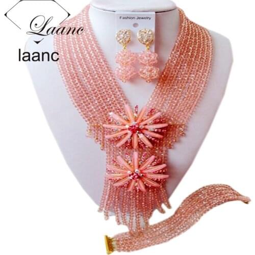 Black Women Jewelry Set Peach Nigerian African Wedding Beads Necklace Bracelet Clip Earrings AL115