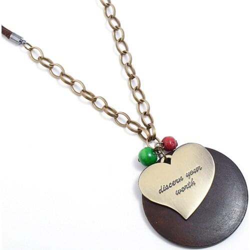 Heart Long Fashion Handmade Collar Round Wood Vintage Alloy Bronze Leather Pendants Necklace Women Men Chain Jewelry