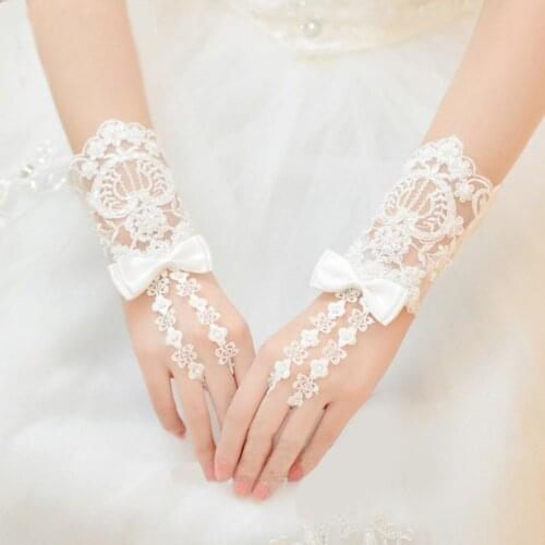 Embroidery Floral Lace Short Wedding Gloves Satin Bowknot Beaded Bridal Mittens
