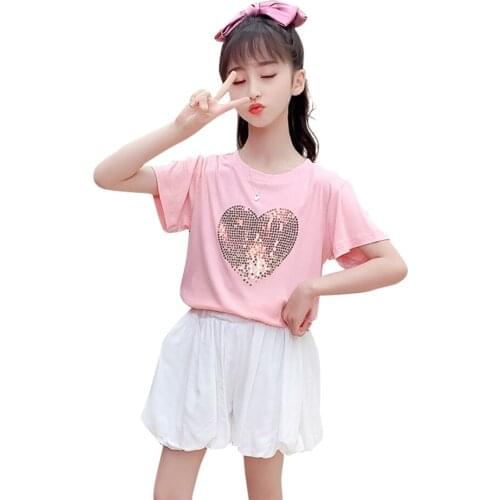 Girls Summer Clothes Heart Tshirt + Short Girls Clothing Sequin Girl Outfit Casual Style Childrens Tracksuits