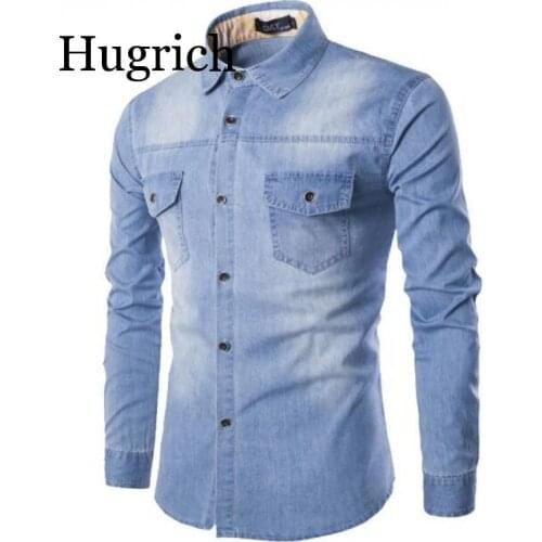 Fashion Mens Denim Shirt Long Sleeve Plus Size Cotton Jeans Cardigan Casual Slim Fit Shirts Men Two-pocket Tops Clothing M-6XL