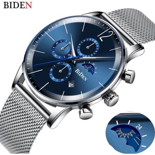 Mens Watches Top Brand Luxury Chronograph Watch Blue Sun and Moon Stars Date Dial Steel Mesh Strap Sports Waterproof Mens Watch