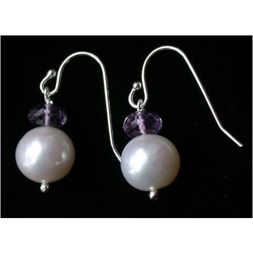 New Arrival Favorite Pearl Store White 10mm Freshwater Pearl Purple Amethyst S925 Sterling Silver Dangle Earring Lady Gift