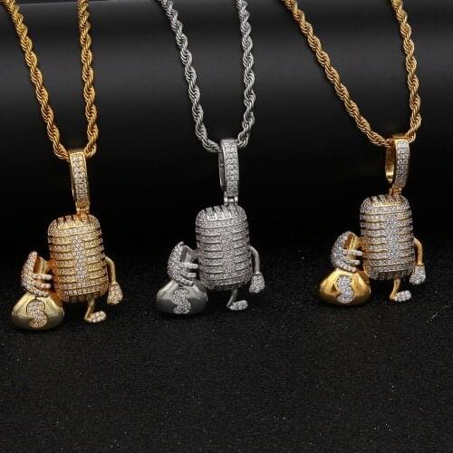 TBTK Microphone Holding US Money Bag Necklace Three Colors Iced CZ Cubic Zircon Pendant Fashion Charm Hiphop Jewelry For Men