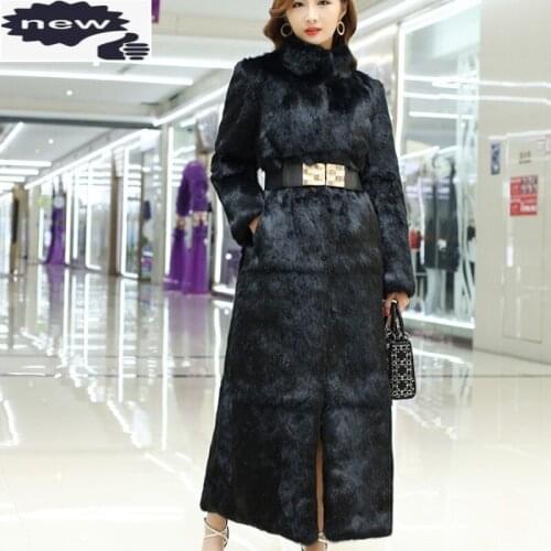 Plus Size 6XL Women Winter X-long Thick Warm Full Real Rabbit Overcoat High Quality Ladies Fox Fur Collar Coat