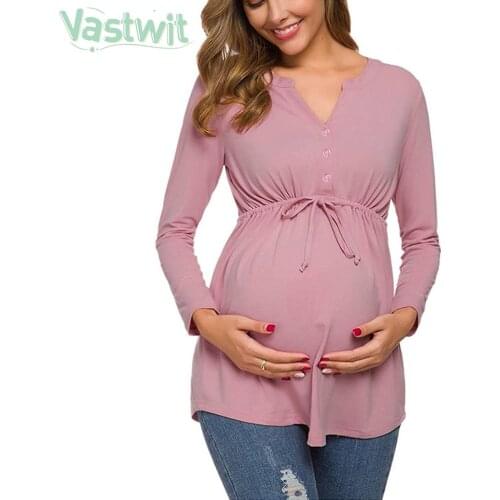 Pregnant Women Plus-Size Shirts Clothing Maternity Cotton Long Sleeve V Neck Nursing Tops Breastfeeding T-Shirt Pregnancy Blouse