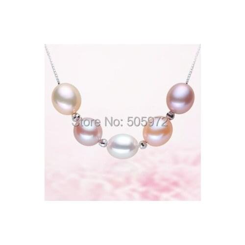 925 Sterling Silver Natural Real 8-9mm Size Freshwater Pearl Colorful Necklace Silver Chain OL Classical Jewelry for Charm Women