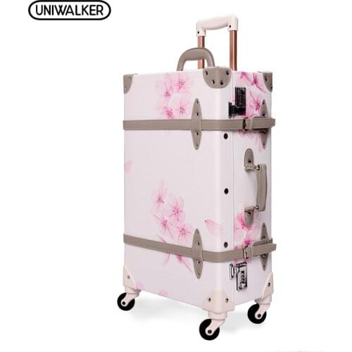 UNIWALKER 20" - 26" Vintage Rolling Luggage Bagages Pu Leather Suitcase Trunk Retro Luggage With Spinner Wheels for Girls