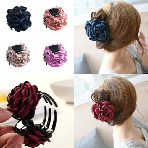 1pc New Ponytail Bow Barrette Rose Flower Cloth Hair Claw Jaw Clip Women Double Sided Flower Ruffled Updo