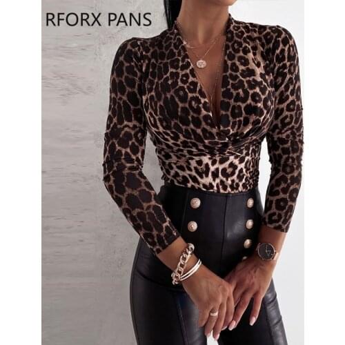 Women Cheetah Print V-neck Long Sleeve Top Blouse Womens Tops and Blouses