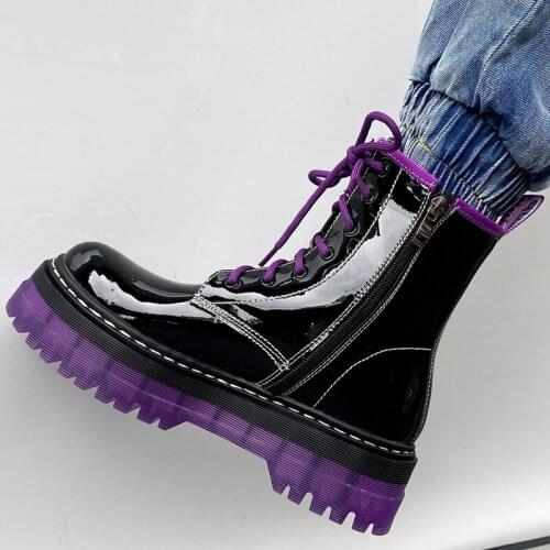 2020 New Platform Handmade Patent Leather Women Boots Round Toe Thick Sole Shoes Cross Tied Zipper Femimine Fashion Ankle Boots