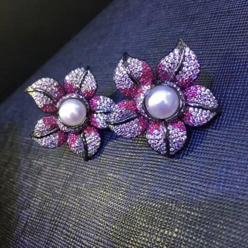 Cute natural fresh water pearl stud earring flower 925 sterling silver with cubic zircon pink color fine women jewelry