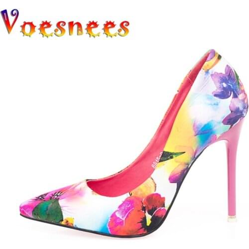 Voesnees Women Pumps High Heels 10 cm Wedding Colorful Flower Sexy Print Shallow Mouth Pointed Office Shoes Fashion Single Shoe