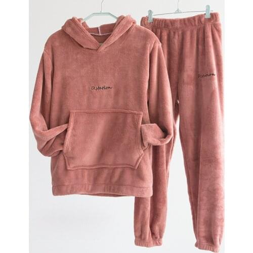 Women Winter Flannel Pajama Sets Thick Warm Lounge Wear Hooded Casual Pajamas Homewear Female Home Pants Plus Size Home Suit