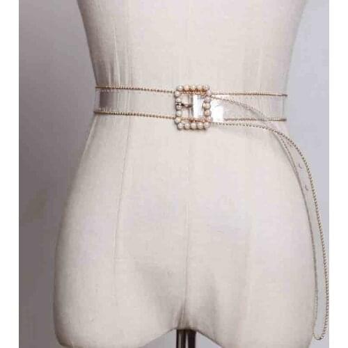 SeeBeautiful New Fashion 2020 Summer Autumn Square Pin Buckle Transparent Girdle Pearl Diamond PVC Leather Long Belts Women Y798