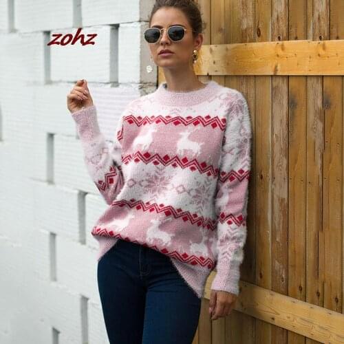 Christmas Knitted Sweaters Women Classic Deer Printed Xmas O-neck Loose Pullover Casual Tops Lady Winter Warm Streetwear Jumpers