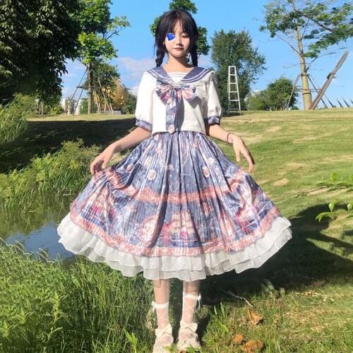 Japanese Sweet Lolita dress Bow Sailor Collar Short-Sleeved Top High-Waist Vintage Printed Ruffles Skirt SuitFemale Summer