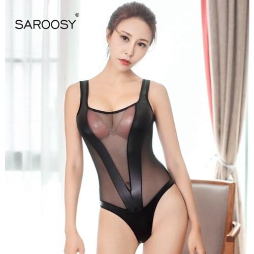 SAROOSY Sexy Patchwork Mesh Leather Bodysuit Lingerie for Women Backless Low Chest See Through Underwear 2019 New Arrival