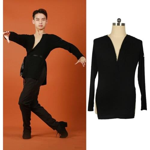 2020 Men Latin Dance Tops Black Long Sleeve V-Neck Latin Shirts Cha Cha Rumba Samba Tango Ballroom Latin Dancing Clothes DQS6036