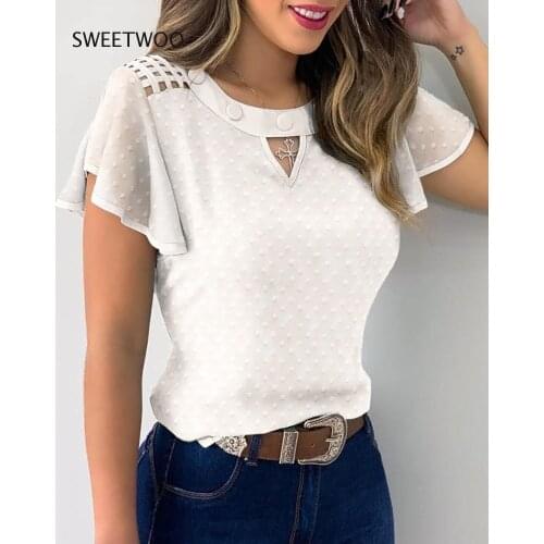 2021 summer womens top shirt fashion retro perspective mesh lotus leaf sleeve hollow blouse plus size top womens clothing