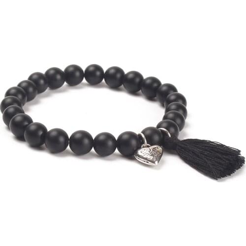 8MM Black Network Picture Stone Elastic Rope Love Alloy Pendant Women Charm Tassel Yoga Bracelet