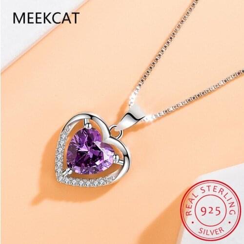 925 Sterling Silver 2021 New Womens Fashion Jewelry High Quality Blue/Purple/White Crystal Zircon Hollow Heart Pendant Necklace