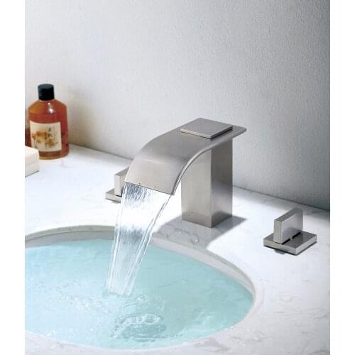 Free ship Waterfall Modern 3 Holes Widespread Bathroom Sink Faucet Mixer Tap Set Solid Brass deck mounted